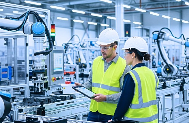 Anlagen-Maschinen-Ingenieure, die gemeinsam an einem Tablet arbeiten, prüfen eine fortschrittliche Roboter-Fertigungsstraße für moderne Fertigungseffizienz