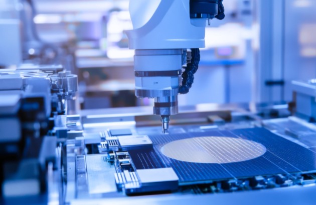 Halbleiterindustrie-Ein Roboterarm in einer hochmodernen Halbleiterfabrik, der Mikroprozessoren mit Nanometerpräzision zusammenbaut