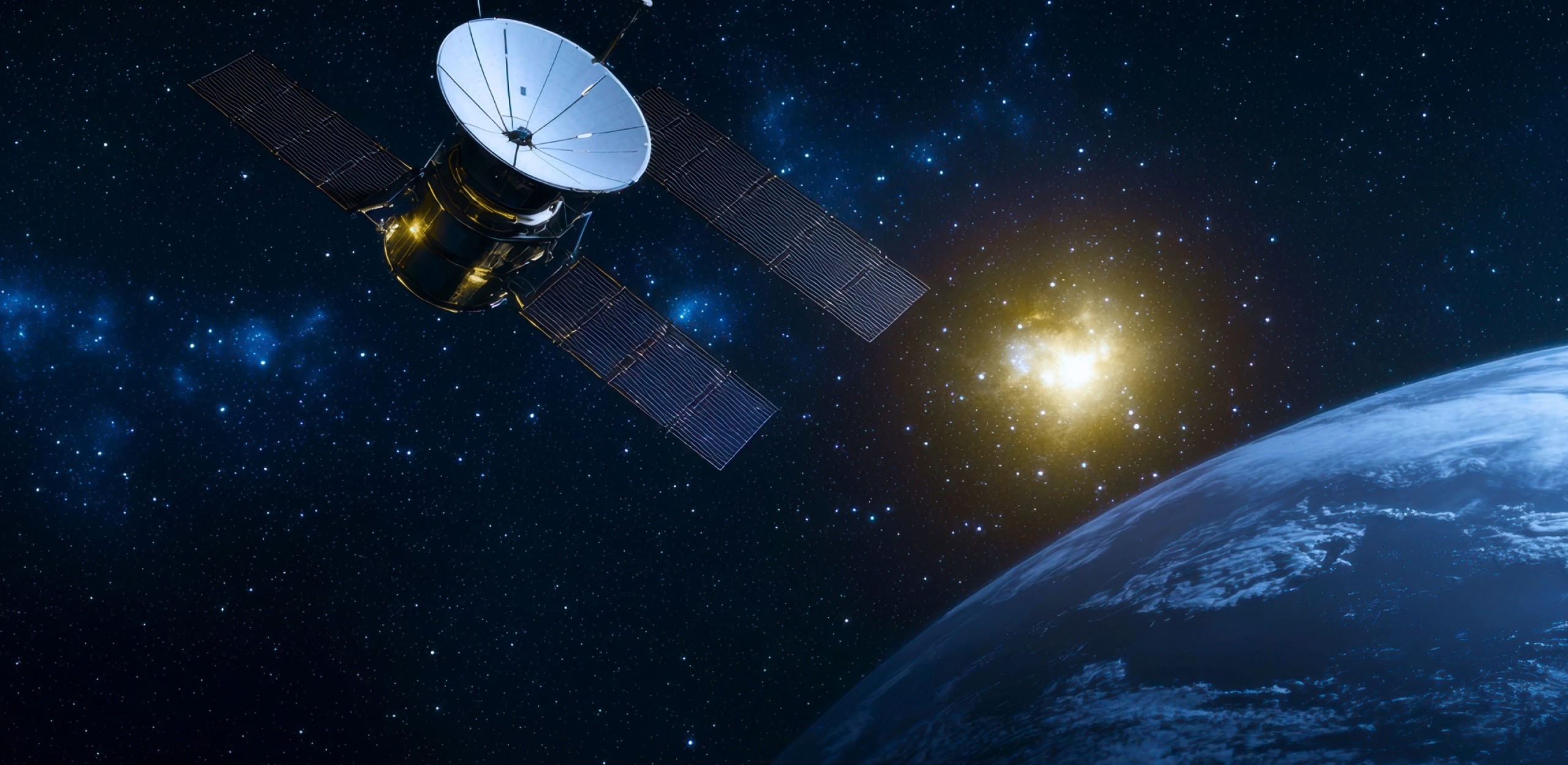 Luft-Raumfahrt-Bild eines Weltraumsatelliten, der die Erde umkreist, vor einem atemberaubenden kosmischen Hintergrund mit Sternen und einem leuchtenden Himmelskörper