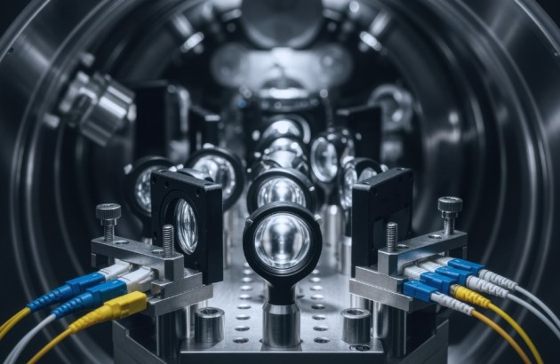 Luft-Raumfahrt-Nahaufnahme der Laserterminaloptik, ausgerichtet innerhalb einer Vakuumkammer, mit Faserverbindern und Feineinstellschrauben für Satellitenkommunikationssysteme