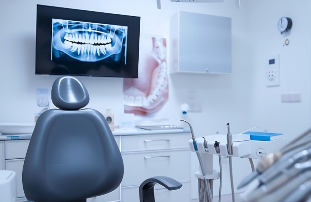 Medizintechnik-Moderne Zahnarztpraxis in Weiß mit komfortablen Behandlungsstühlen und Röntgengerät an der Wand, um eine saubere, professionelle Umgebung, fortschrittliche Zahnpflege zu präsentieren