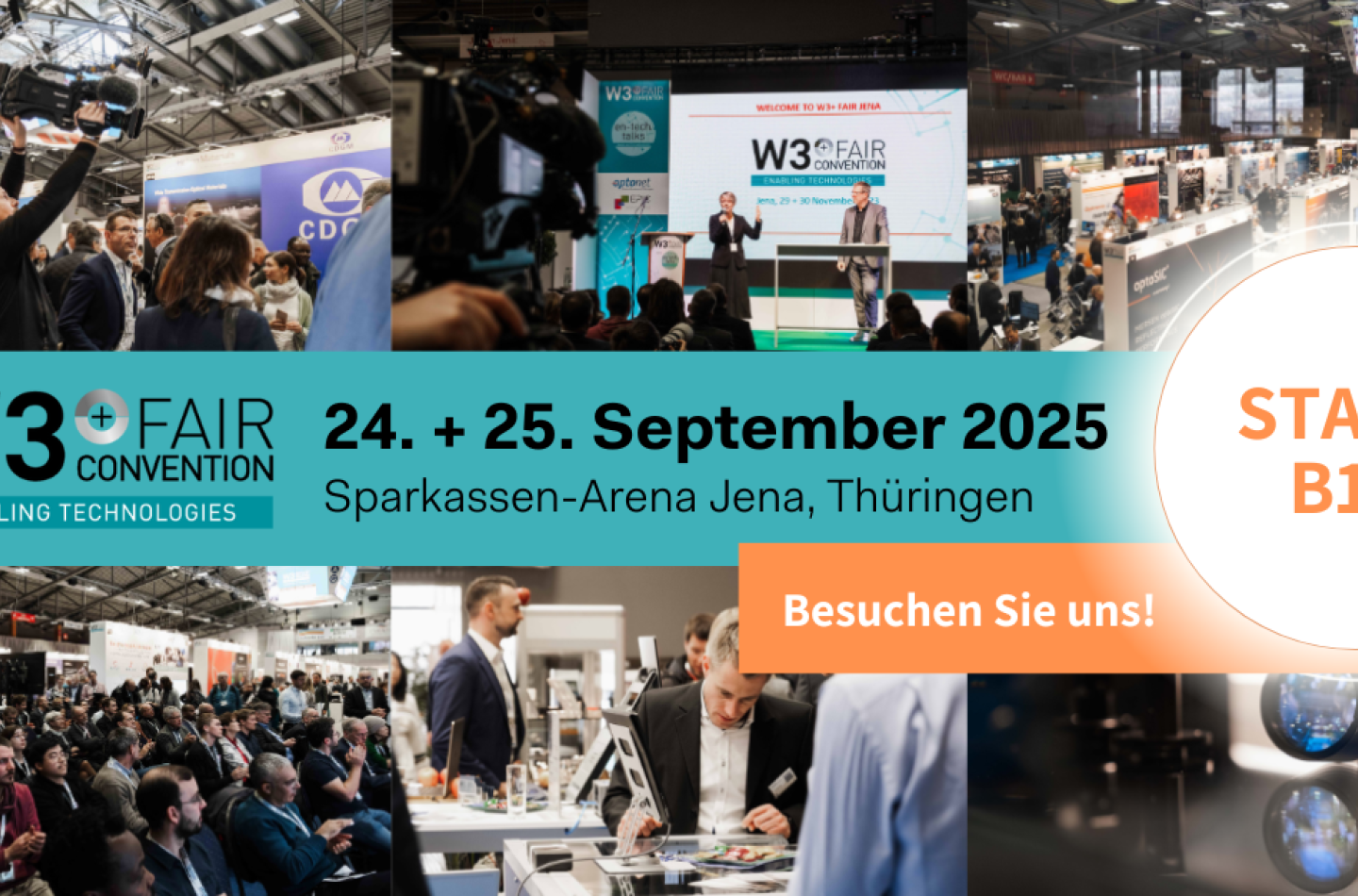 Grafik zur Messe W3+Fair Jena 2025 es sind Szenen aus der Messe von 2024 zu sehen und ein Text im Vordergrund der PWB AG am Stand B13 ankündigt