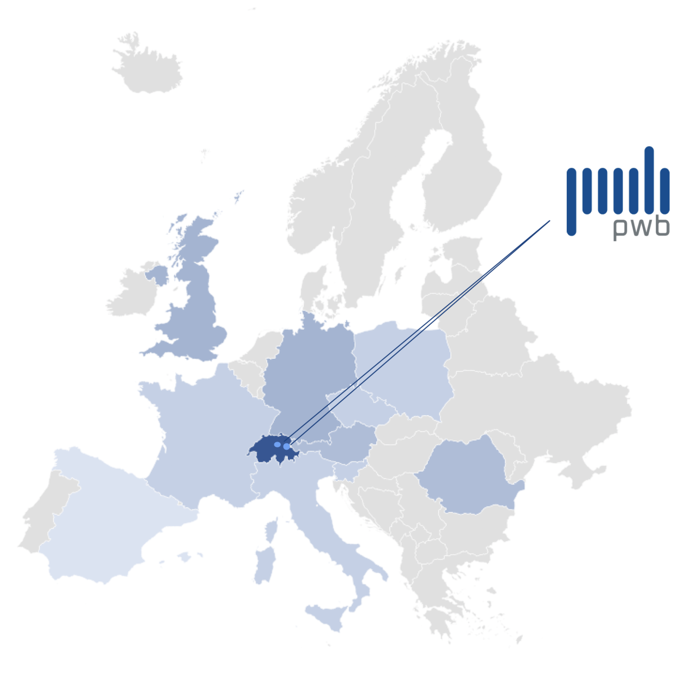 Langkarte in grau blau von Europa mit der dunkelblau eingefärbten Schweiz und dem PWB AG Logo